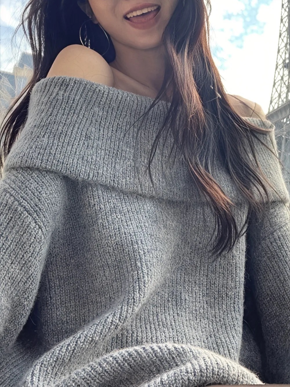 Calvin Klein Off-Shoulder Heather Gray Ribbed Knit Sweater